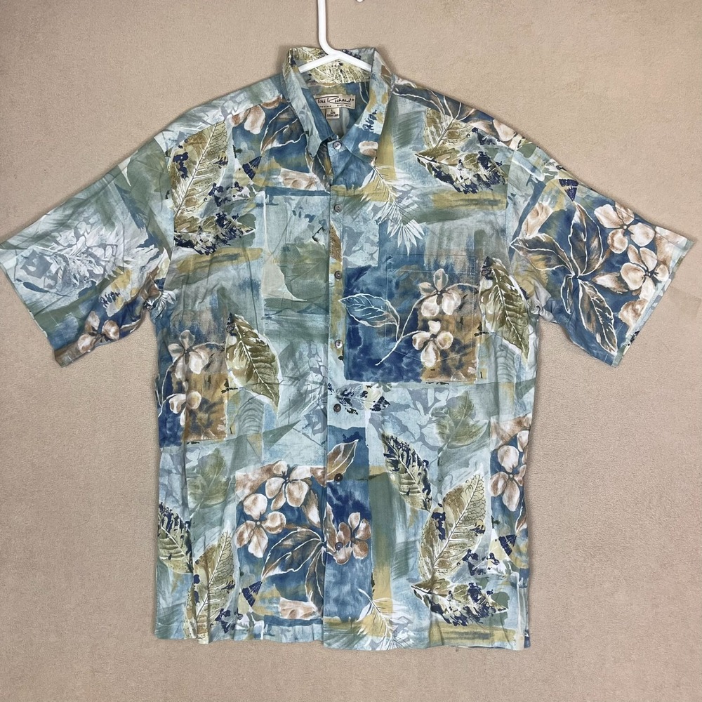 Tori Richard Button Up Shirt Adult Large Blue Tan Short Sleeve Hawaiian Mens